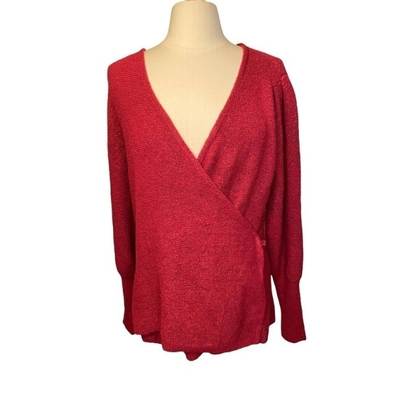 RACHEL PARCELL Beet Red Puff Sleeve Wrap Sweater Size Large - Picture 1 of 10